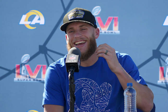 Feb 11, 2022; Thousand Oaks, CA, USA; Los Angeles Rams receiver Cooper Kupp during press conference at Cal Lutheran University. Mandatory Credit: Kirby Lee-USA TODAY Sports